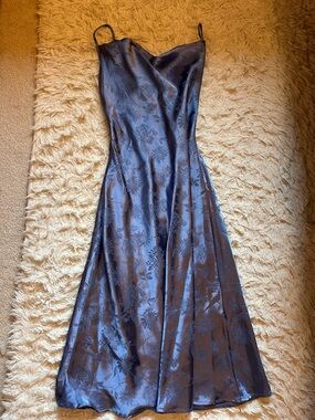 Blue Floral Jacquard Slip Midi Dress with Cowneck